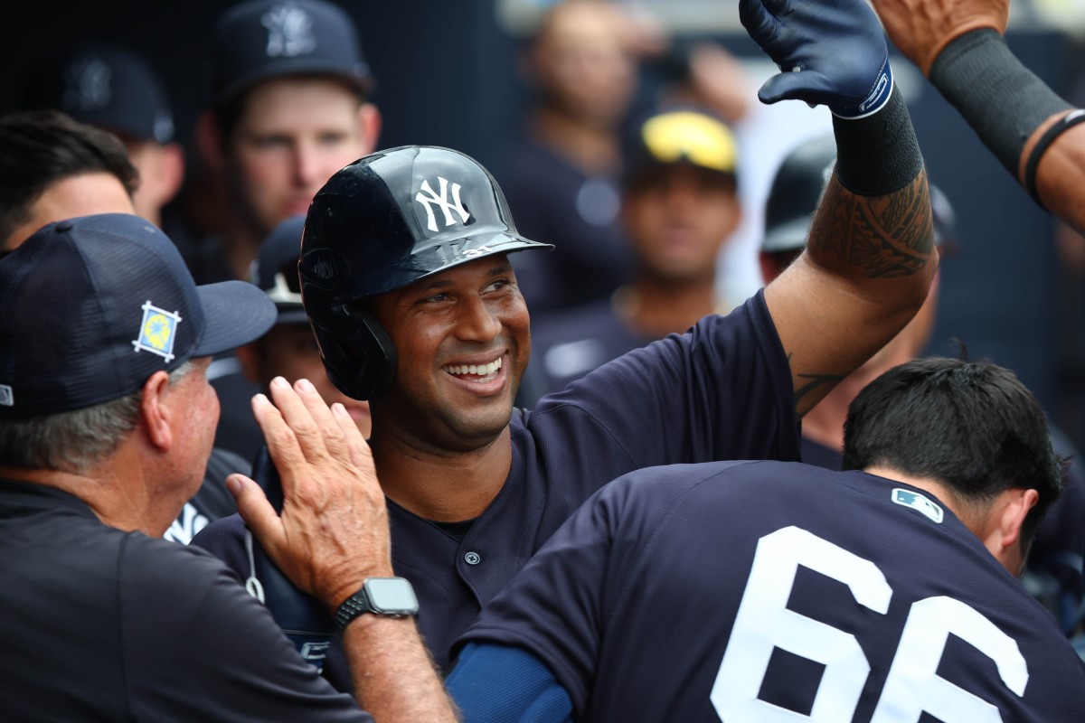 Yankees OF Aaron Hicks celebrates in dugout