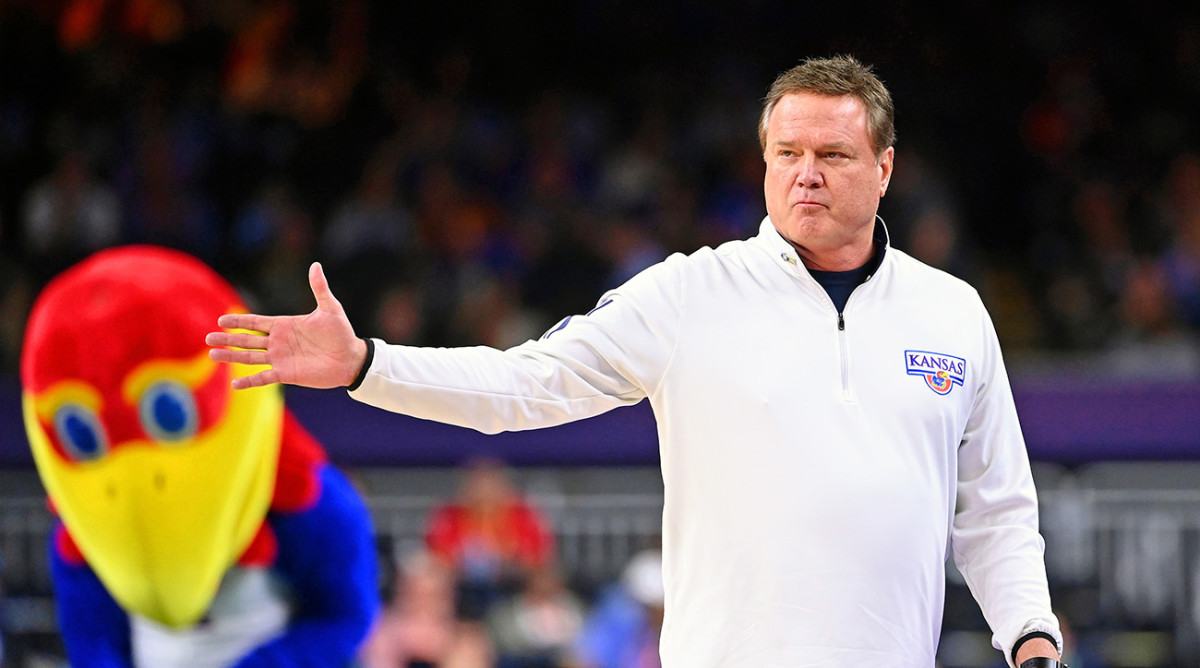 Kansas head coach Bill Self gestures during the first half against Villanova during the 2022 NCAA men's basketball tournament Final Four semifinals at Caesars Superdome.