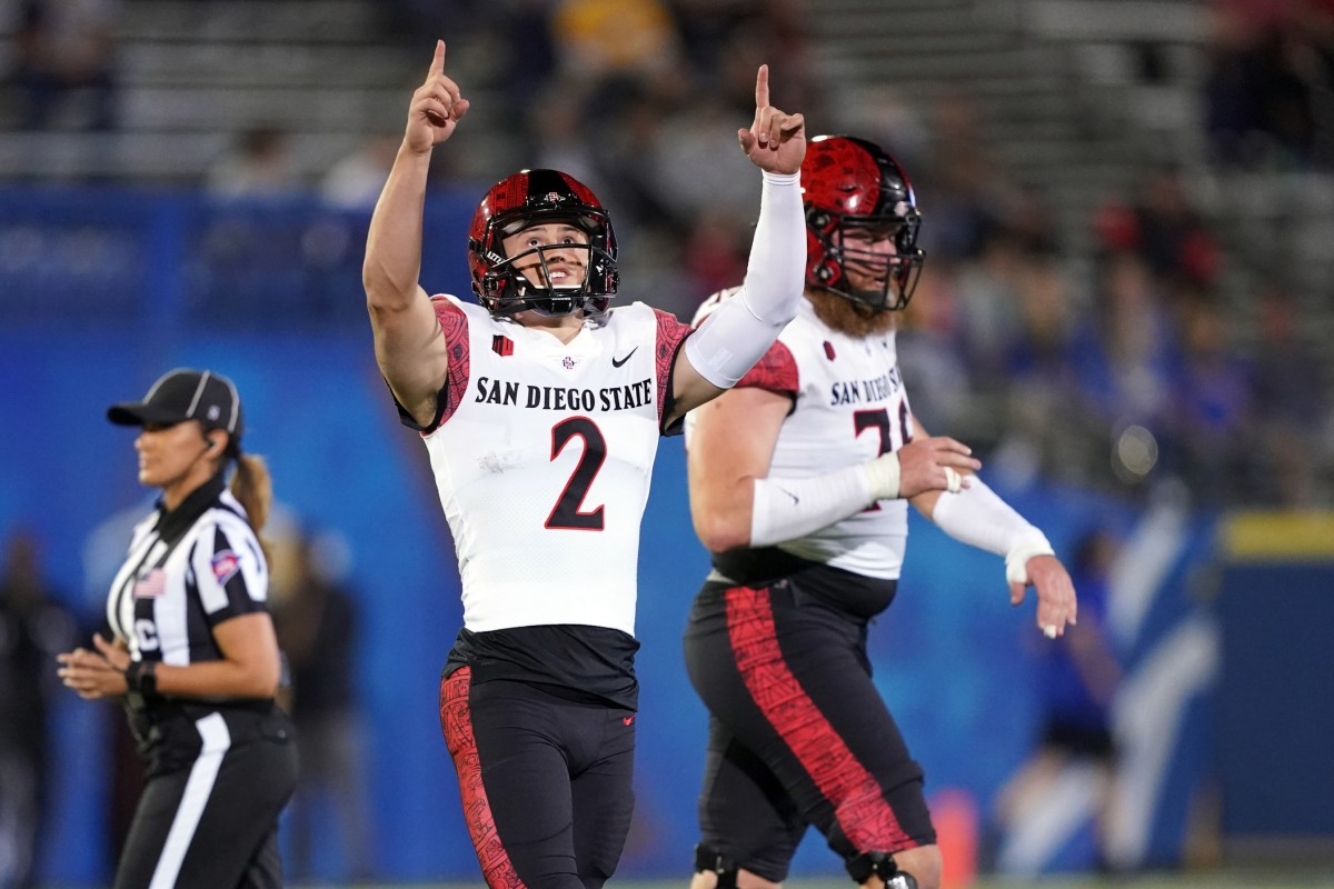 Oct 15, 2021; San Jose, California, USA; San Diego State Aztecs kicker Matt Araiza (2) gestures after a made field goal during the second quarter against the San Jose State Spartans at CEFCU Stadium. Mandatory Credit: Darren Yamashita-USA TODAY Sports