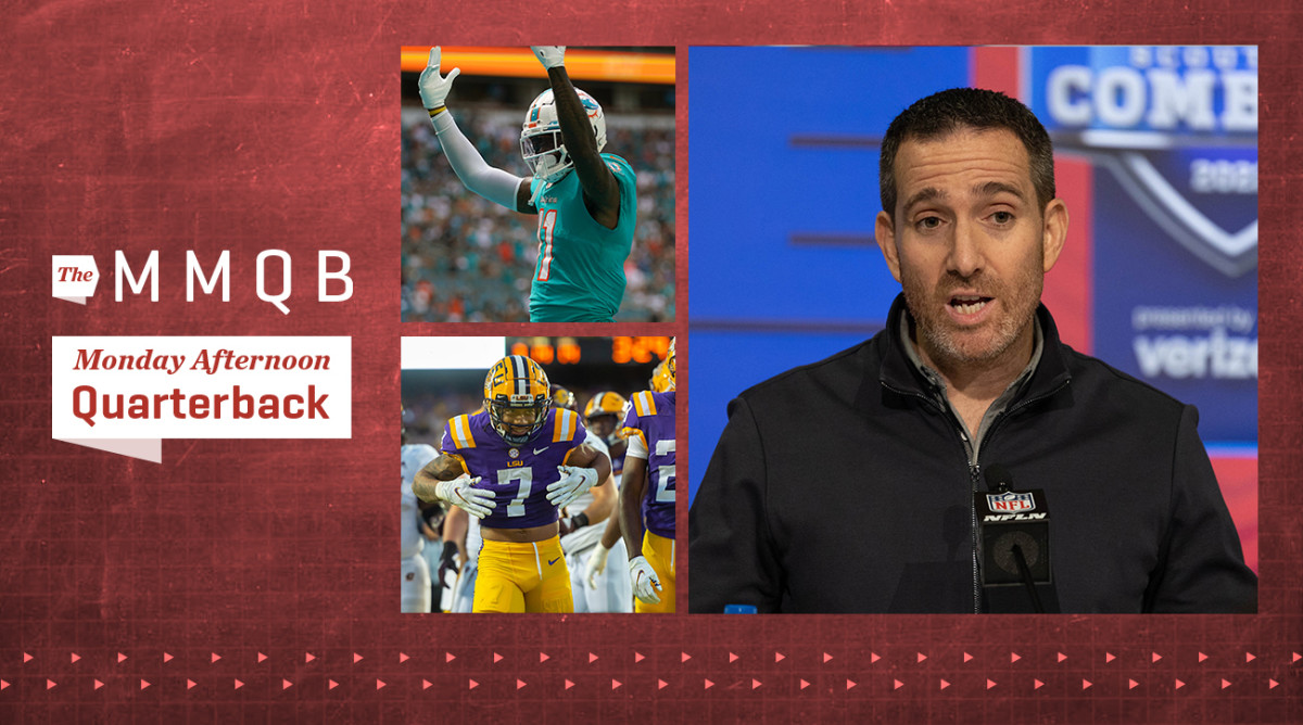 Philadelphia Eagles general manger Howie Roseman talks to the media during the 2022 NFL Combine, Derek Stingley Jr. celebrates after making a tackle as The LSU Tigers take on Central Michigan Chippewas in Tiger Stadium; Miami Dolphins wide receiver DeVante Parker (11) celebrates after catch against the New York Jets during the first half at Hard Rock Stadium.