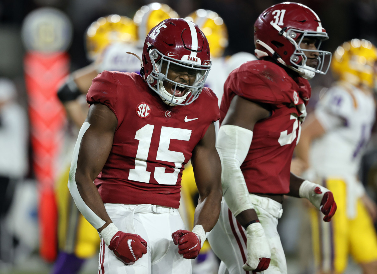 Alabama Crimson Tide linebacker Dallas Turner (15) celebrates after a sack against the LSU Tigers during the second half at Bryant-Denny Stadium.