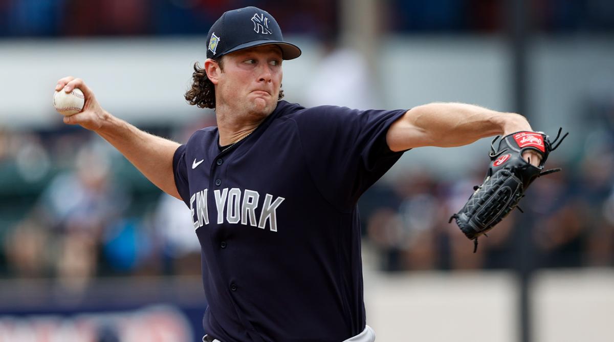 Apr 1, 2022; Lakeland, Florida, USA; New York Yankees starting pitcher Gerrit Cole (45) throws a pitch against the Detroit Tigers in the first inning during spring training at Publix Field at Joker Marchant Stadium.