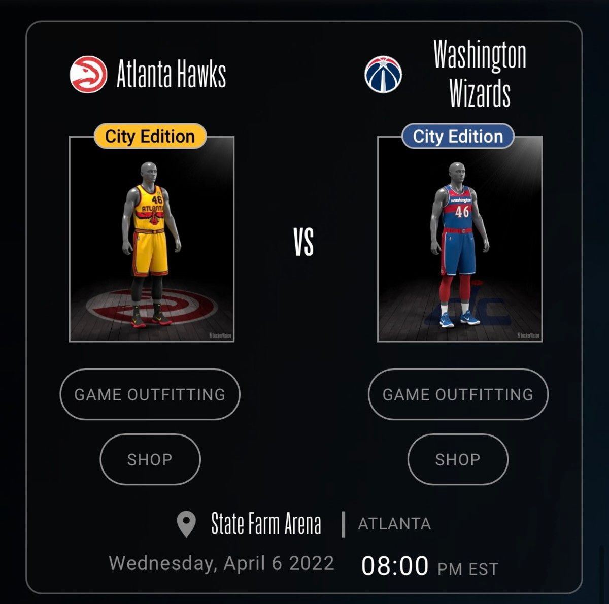 Uniforms worn between the Atlanta Hawks and Washington Wizards on April 6, 2022.