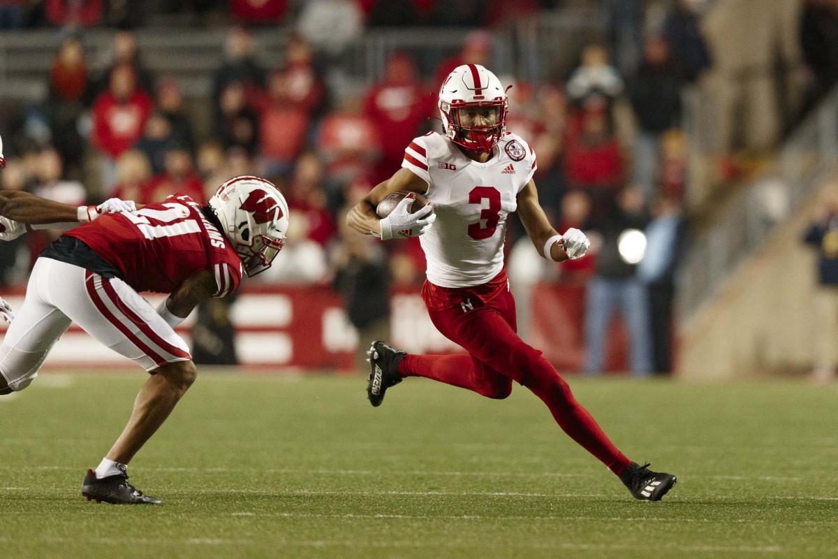Nov 20, 2021; Madison, Wisconsin, USA; Nebraska Cornhuskers wide receiver Samori Toure (3) rushes with the football after catching a pass during the fourth quarter at Camp Randall Stadium. Mandatory Credit: Jeff Hanisch-USA TODAY Sports