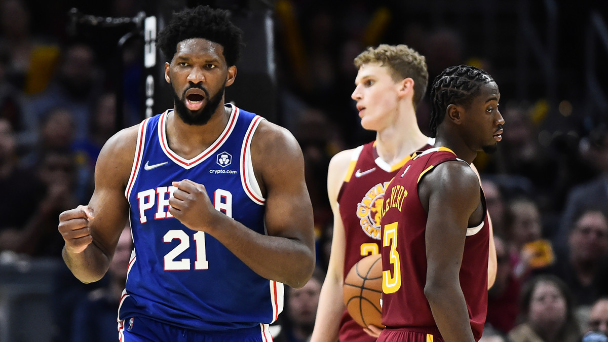 Philadelphia 76ers center Joel Embiid celebrates after a basket during the second half against the Cleveland Cavaliers.
