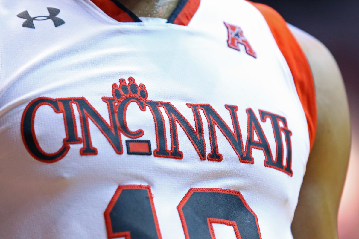 Feb 23, 2017; Cincinnati, OH, USA; A view of the Cincinnati Bearcats logo on the Under Armour jersey of guard Troy Caupain (10) at Fifth Third Arena. The Bearcats won 87-74. Mandatory Credit: Aaron Doster-USA TODAY Sports