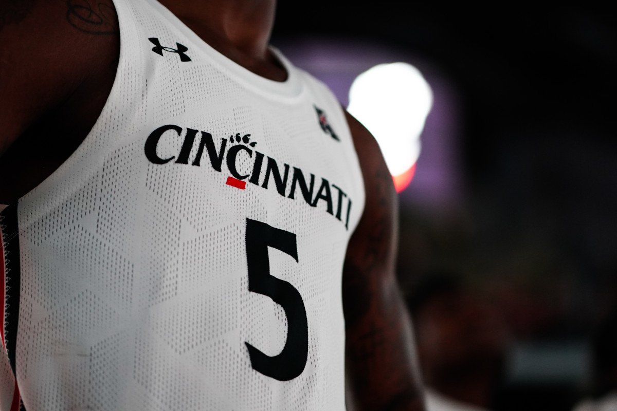Nov 11, 2019; Cincinnati, OH, USA; A view of the the Cincinnati logo on an official Under Armor jersey prior to the game of the Drake Bulldogs against the Cincinnati Bearcats at Fifth Third Arena. Mandatory Credit: Aaron Doster-USA TODAY Sports