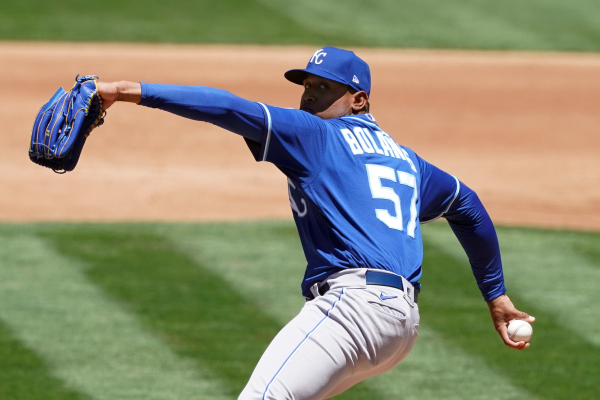 Jun 12, 2021; Oakland, California, USA; Kansas City Royals relief pitcher Ronald Bolanos (57) throws a pitch during the second inning against the Oakland Athletics at RingCentral Coliseum. Mandatory Credit: Darren Yamashita-USA TODAY Sports