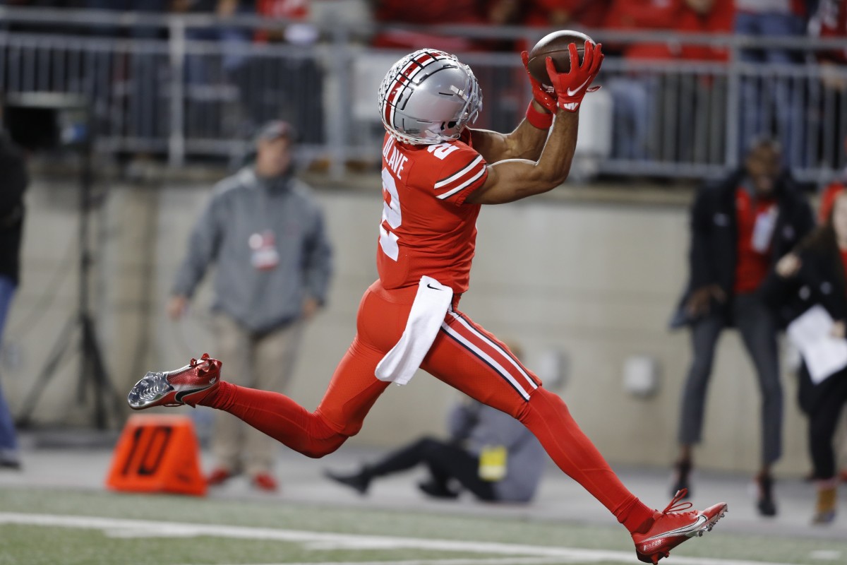 Ohio State Buckeyes receiver Chris Olave (2) hauls in the touchdown against the Penn State Nittany Lions. Mandatory Credit: Joseph Maiorana-USA TODAY Sports