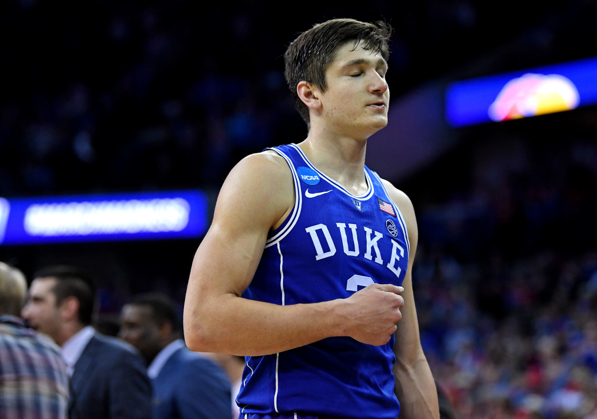 Mar 25, 2018; Omaha, NE, USA; Duke Blue Devils guard Grayson Allen (3) reacts after losing to the Kansas Jayhawks in the championship game of the Midwest regional of the 2018 NCAA Tournament at CenturyLink Center. Mandatory Credit: Kyle Terada-USA TODAY Sports