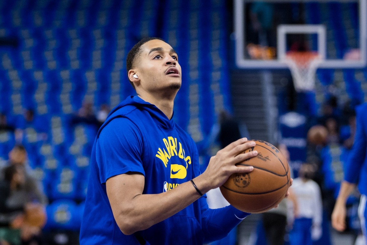 Apr 2, 2022; San Francisco, California, USA; Golden State Warriors guard Jordan Poole (3) warms up before the game against the Utah Jazz at Chase Center. Mandatory Credit: John Hefti-USA TODAY Sports