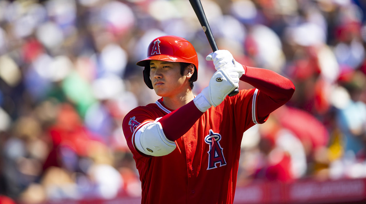 Angels designated hitter Shohei Ohtani against the Cubs during a spring training game at Tempe Diablo Stadium.