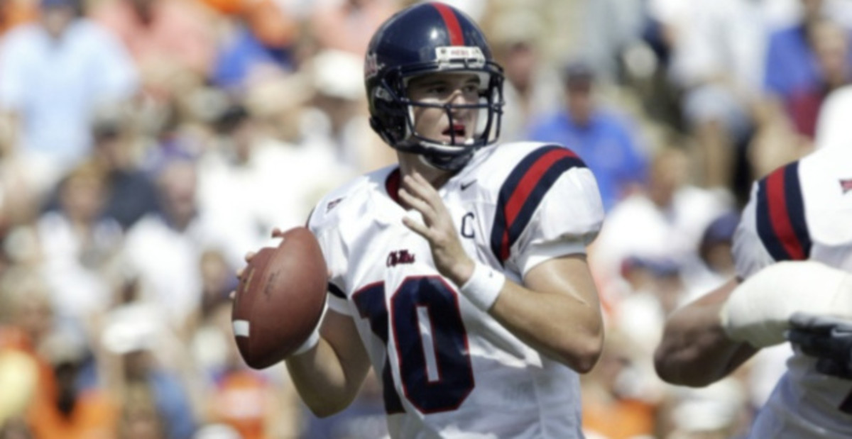Ole Miss Rebels quarterback and 2-time Super Bowl champion Eli Manning during a college football game.