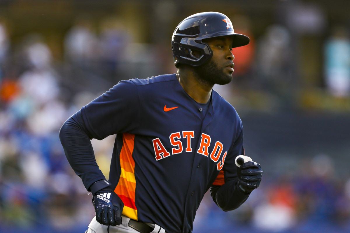 Mar 30, 2022; Port St. Lucie, Florida, USA; Houston Astros designated hitter Yordan Alvarez (44) rounds the bases after hitting a home run in the fourth inning against the New York Mets during spring training at Clover Park. Mandatory Credit: Sam Navarro-USA TODAY Sports