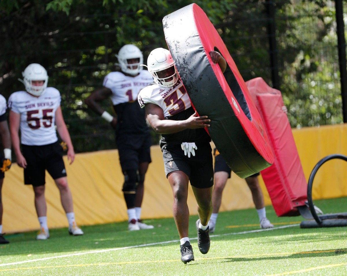 ASU linebacker Darien Butler (37) performs a drill during practice at Camp Tontozona August 7, 2019.