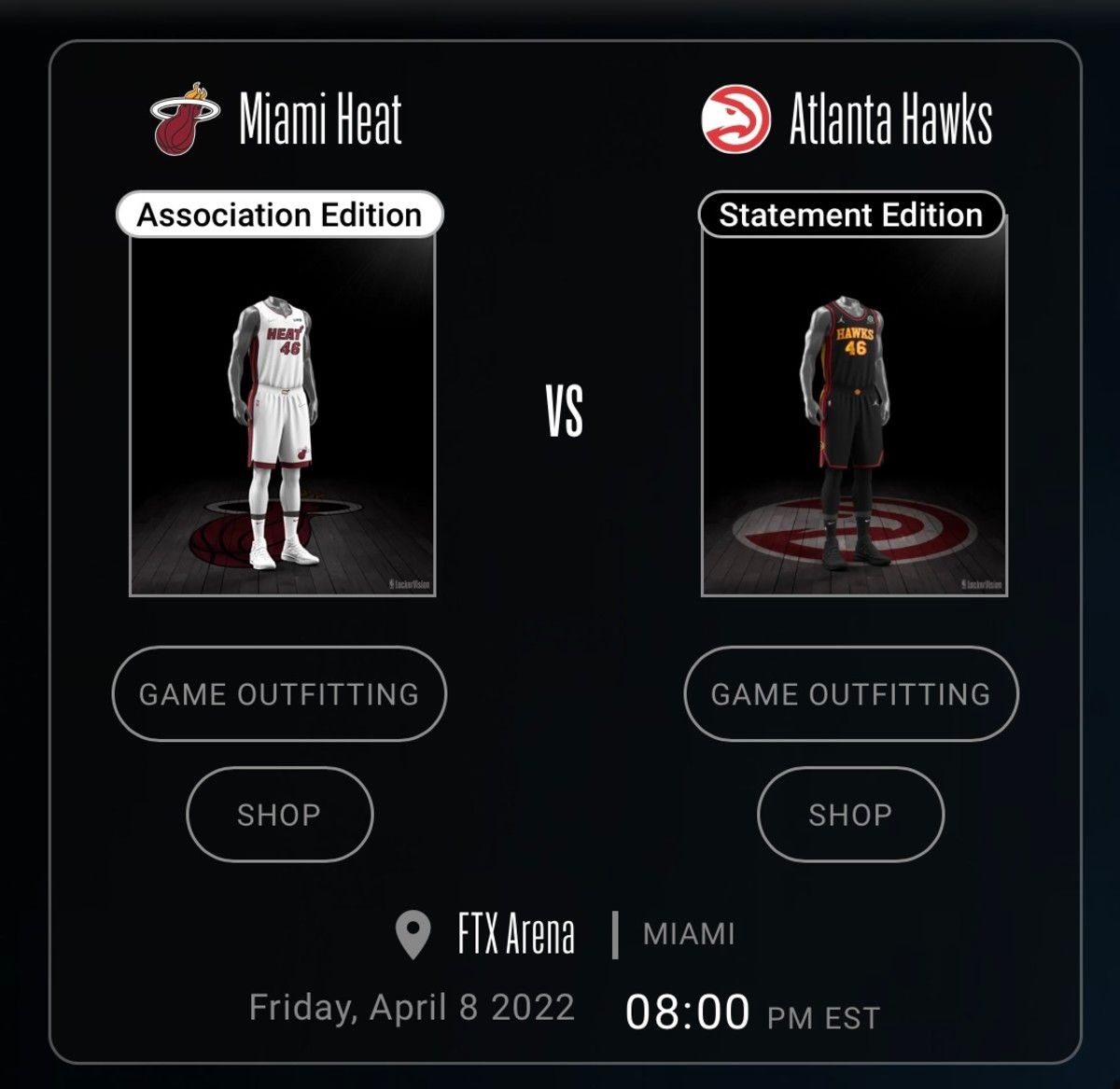 Uniforms worn by the Atlanta Hawks and Miami Heat on April 8, 2022.
