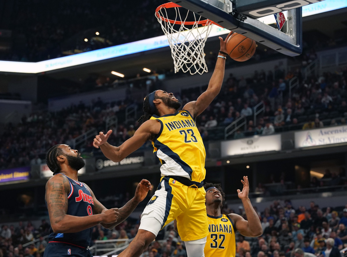 Apr 5, 2022; Indianapolis, Indiana, USA; Indiana Pacers forward Isaiah Jackson (23) rebounds the ball in the first half at Gainbridge Fieldhouse. Mandatory Credit: Robert Goddin-USA TODAY Sports