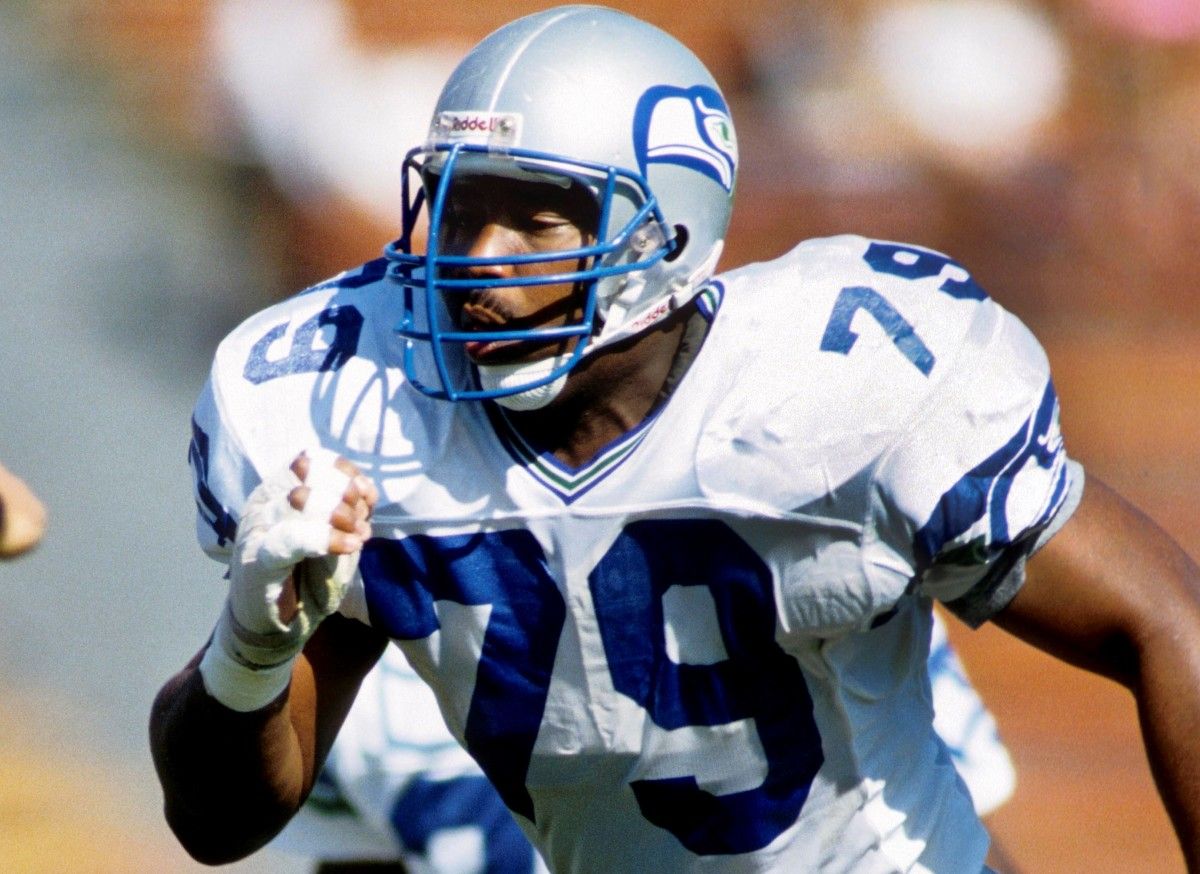 Seattle Seahawks defensive end Jacob Green (79) in action against the Los Angeles Raiders at Los Angeles Memorial Coliseum.