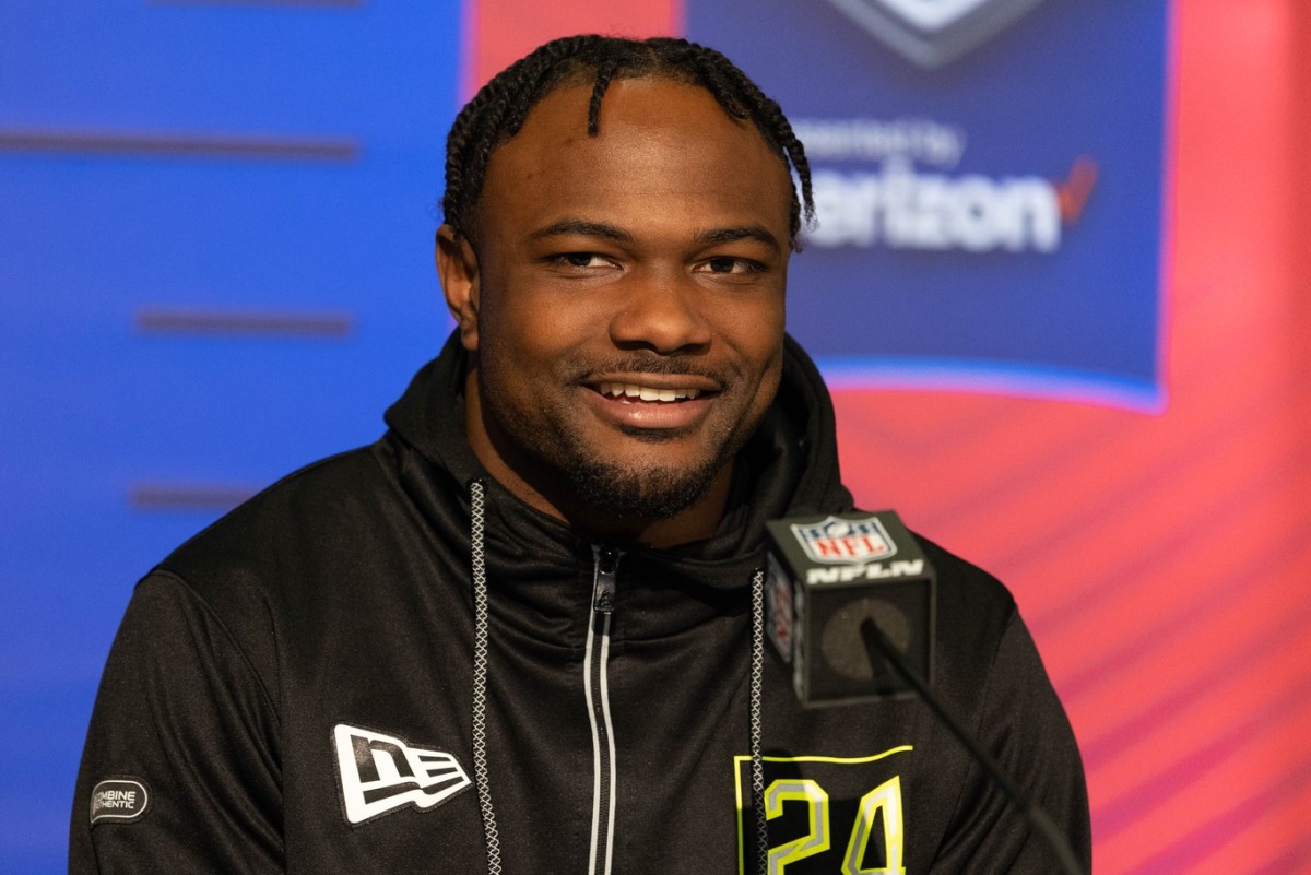 Mar 3, 2022; Indianapolis, IN, USA; Florida running back Dameon Pierce talks to the media during the 2022 NFL Combine.