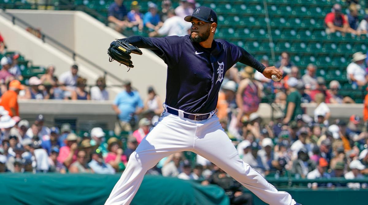 Detroit Tigers pitcher Eduardo Rodriguez throws in the second inning of a spring baseball game against the New York Yankees, Monday, March 28, 2022, in Lakeland, Fla.