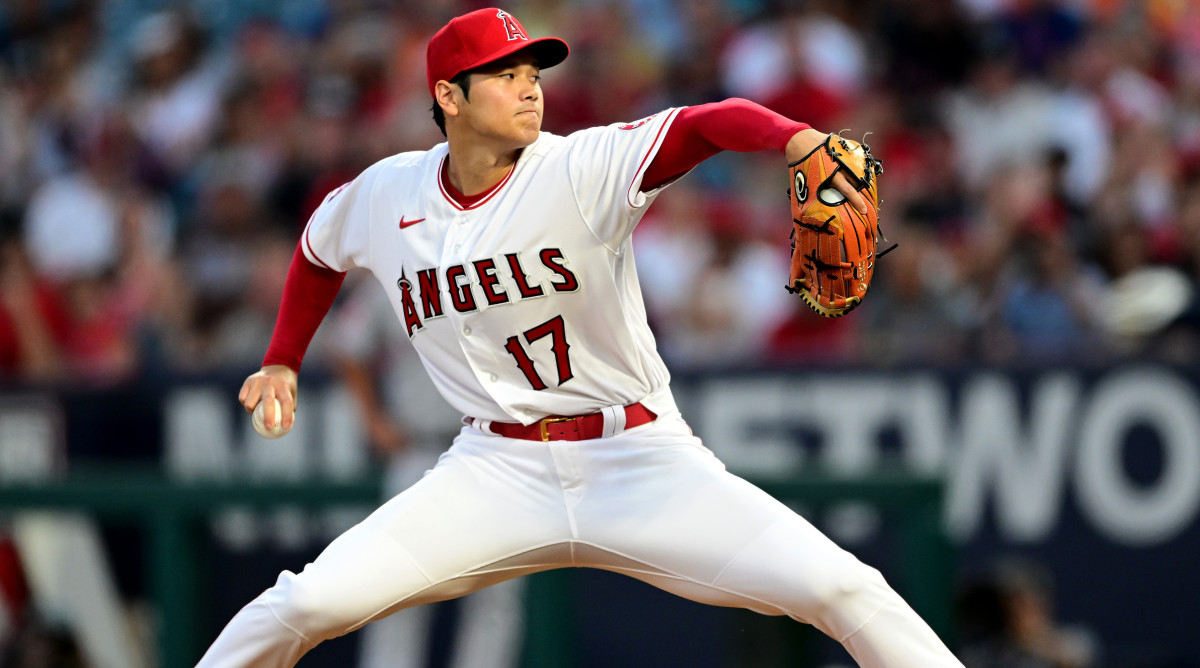 Apr 7, 2022; Anaheim, California, USA; Los Angeles Angels starting pitcher Shohei Ohtani (17) throws a pitch in the first inning against the Houston Astros at Angel Stadium.