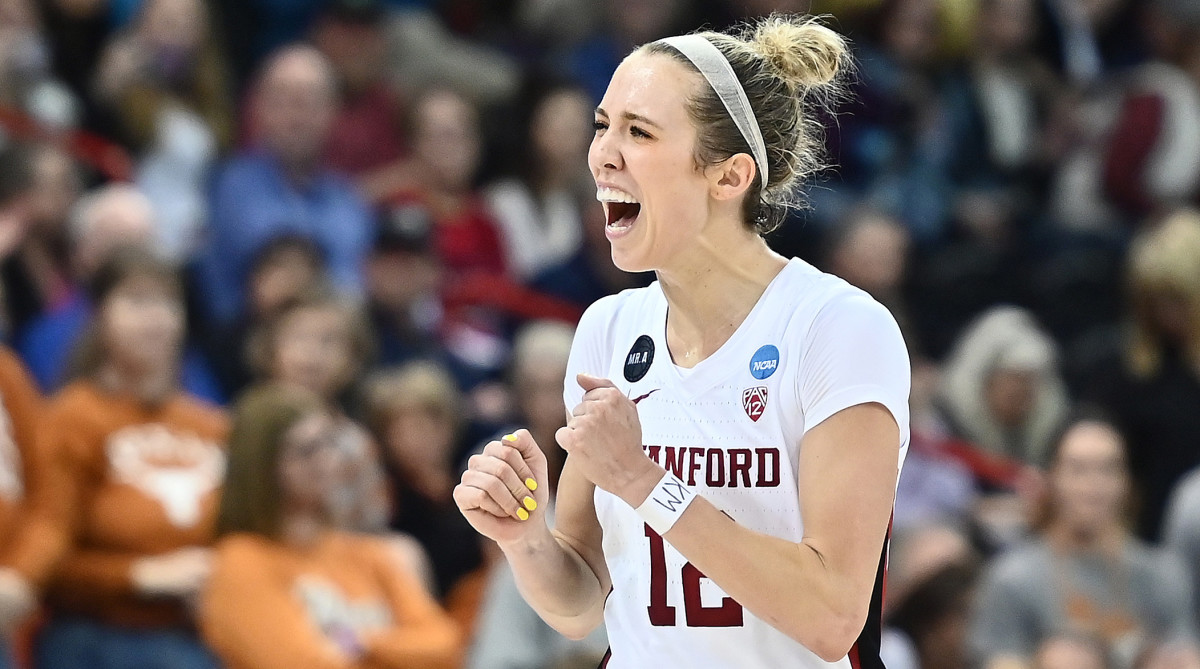 Stanford Cardinal guard Lexie Hull (12) celebrates after the game against the Texas Longhorns in the Spokane regional finals of the women’s college basketball NCAA Tournament at Spokane Veterans Memorial Arena.