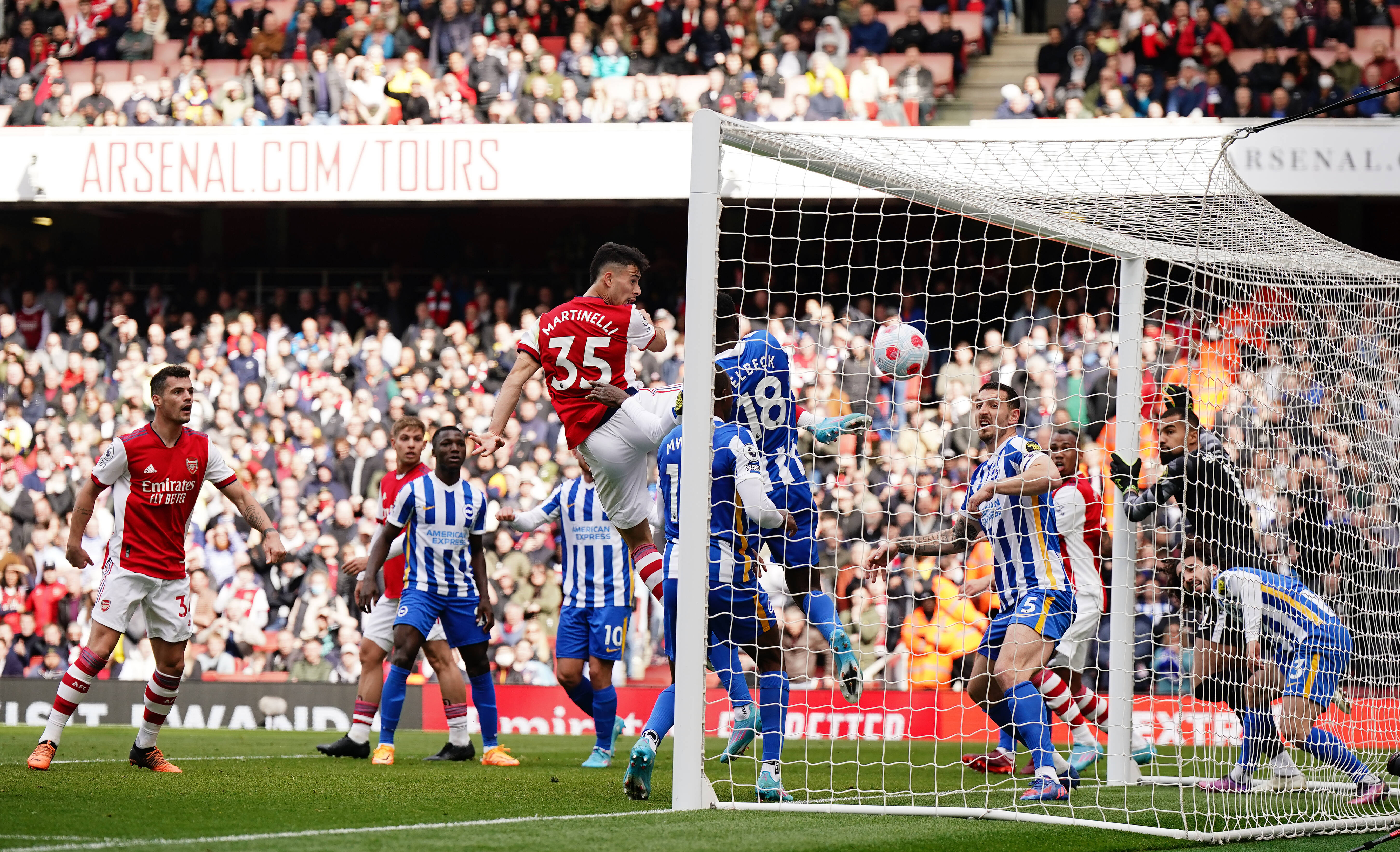 Gabriel Martinelli (35) pictured scoring for Arsenal against Brighton but his goal was later disallowed after a VAR review