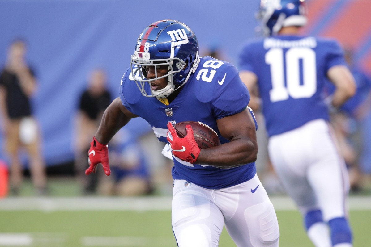 Aug 9, 2018; East Rutherford, NJ, USA; New York Giants running back Jonathan Stewart (28) carries the ball against the Cleveland Browns at MetLife Stadium.