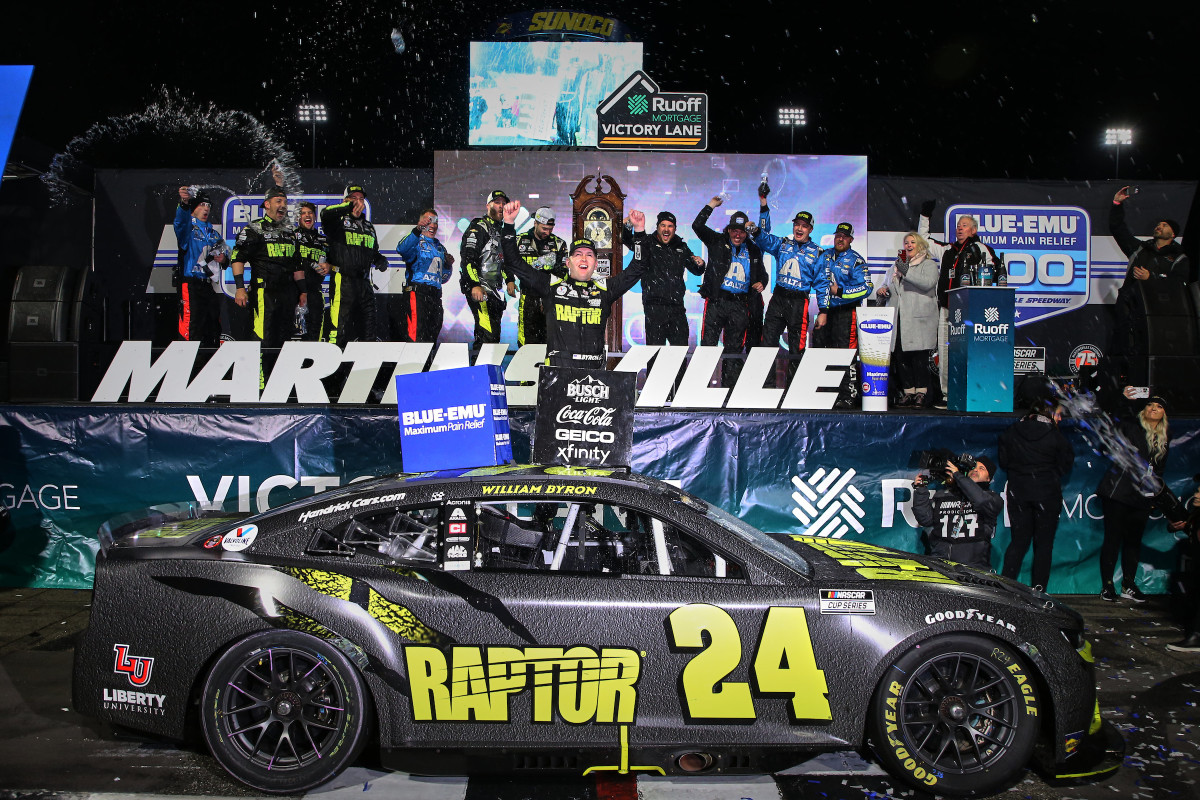 William Byron revels in a very special win Saturday night at Martinsville Speedway, his second of the season, and a win he dedicated to his mother, Dana. (Photo by Andrew Coppley/HHP for Chevy Racing)