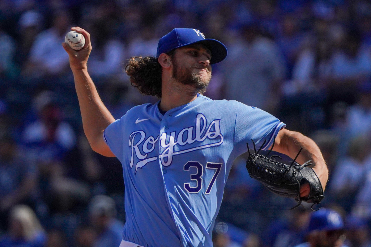 Oct 3, 2021; Kansas City, Missouri, USA; Kansas City Royals starting pitcher Jackson Kowar (37) delivers a pitch against the Minnesota Twins in the first inning at Kauffman Stadium. Mandatory Credit: Denny Medley-USA TODAY Sports