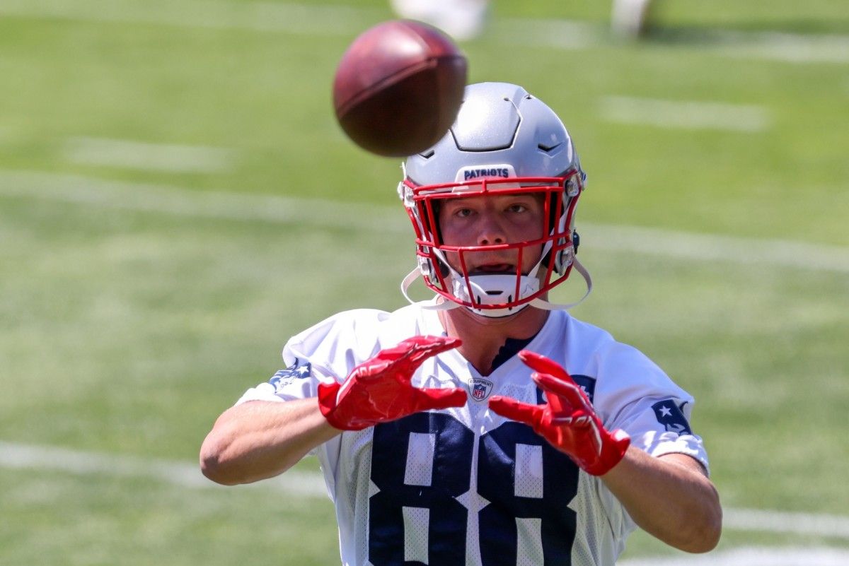 New England Patriots tight end Troy Fumagalli (88) participates in a drill during the New England Patriots mini camp at the New England Patriots practice complex.