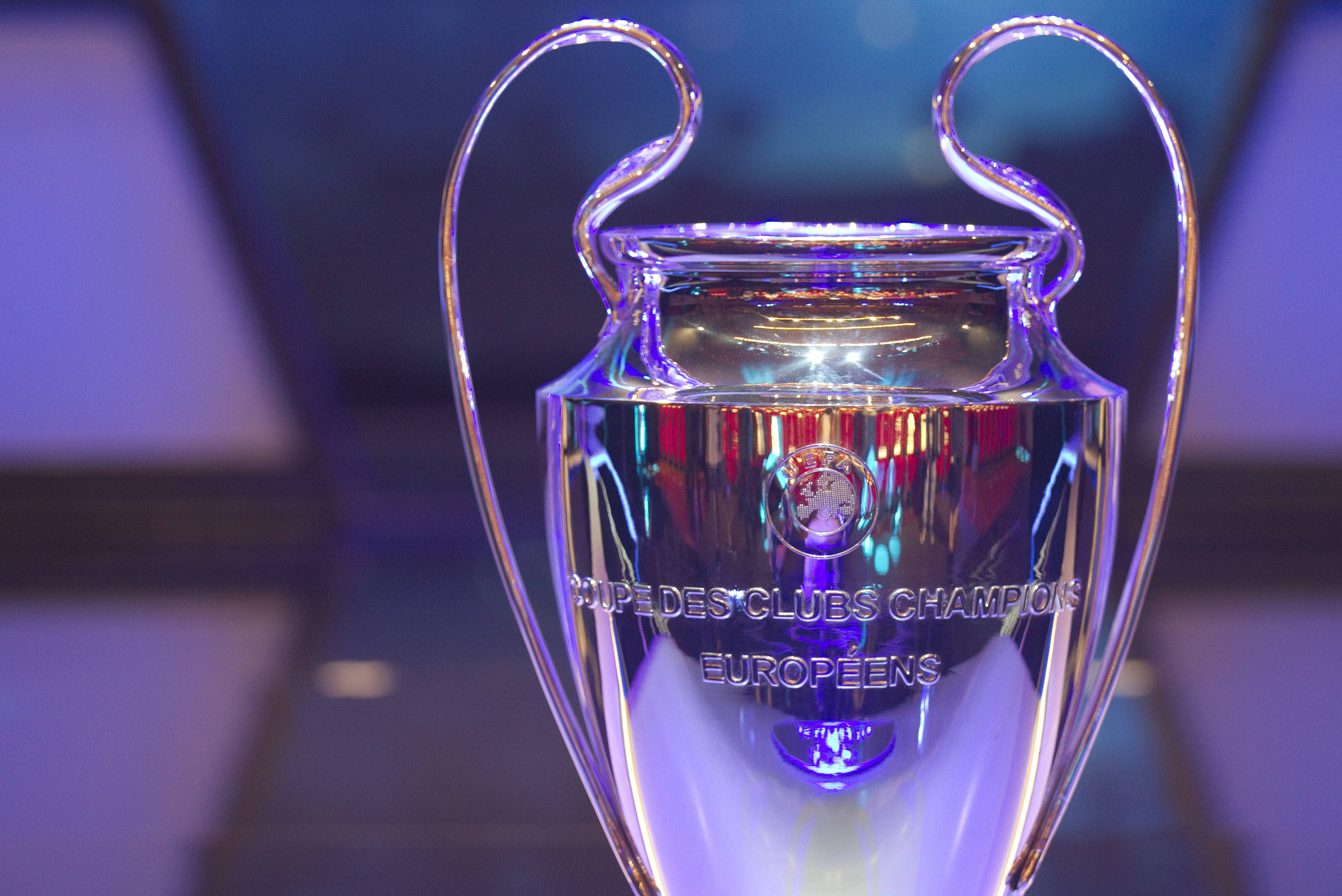 The UEFA Champions League trophy is pictured on display at the group stage draw ceremony in August 2019