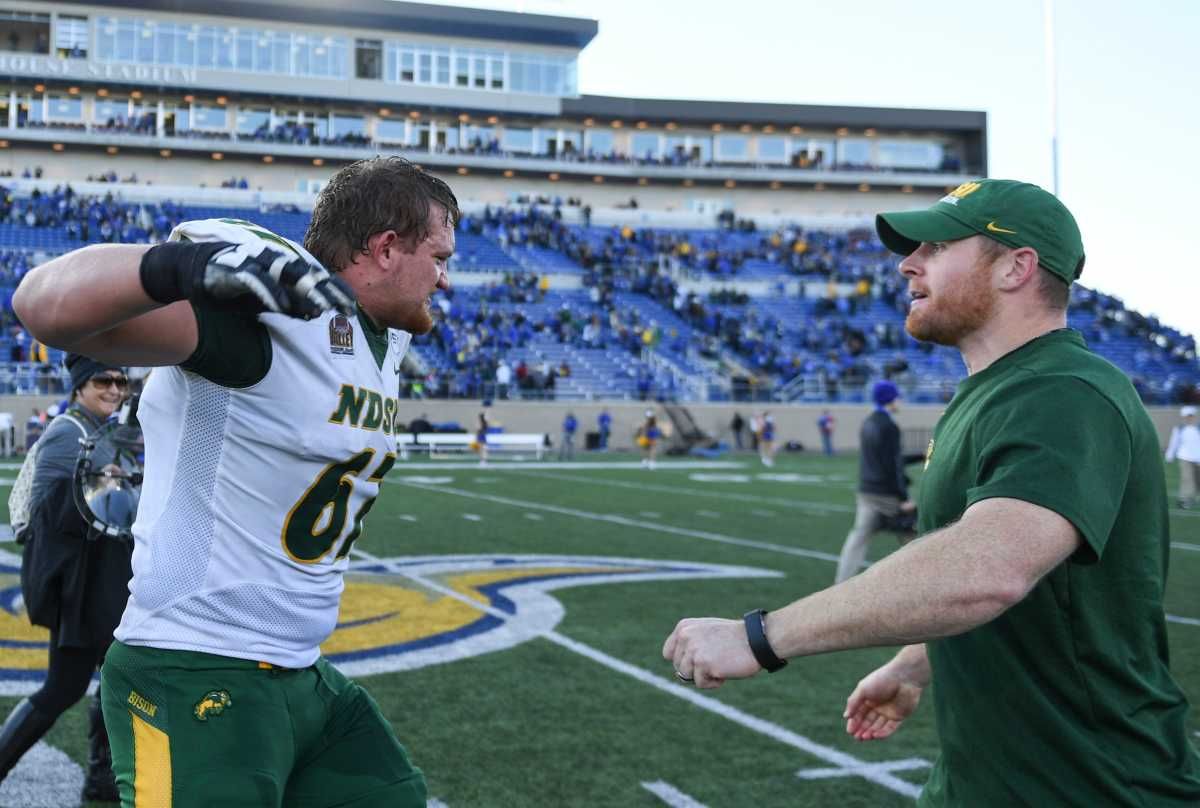 NDSU offensive tackle Cordell Volson (67) celebrates a win against the Jacks after the Dakota Marker game on Saturday, Oct. 26, 2019 at Dana J. Dykhouse Stadium in Brookings, S.D. The final score of the game was 23-16.