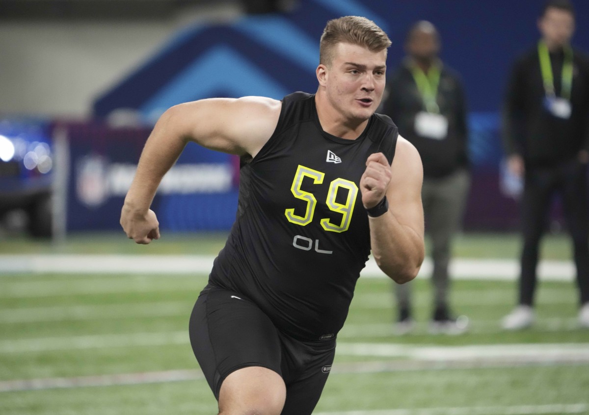 Mar 4, 2022; Indianapolis, IN, USA; Fordham offensive lineman Nick Zakelj (OL59) goes through drills during the 2022 NFL Scouting Combine at Lucas Oil Stadium.