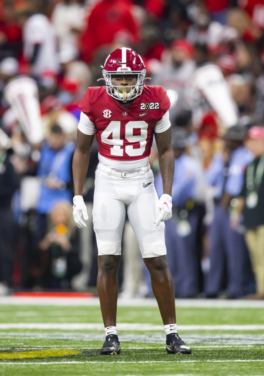 Alabama Crimson Tide defensive back Kaine Williams (49) against the Georgia Bulldogs in the 2022 CFP college football national championship game at Lucas Oil Stadium.