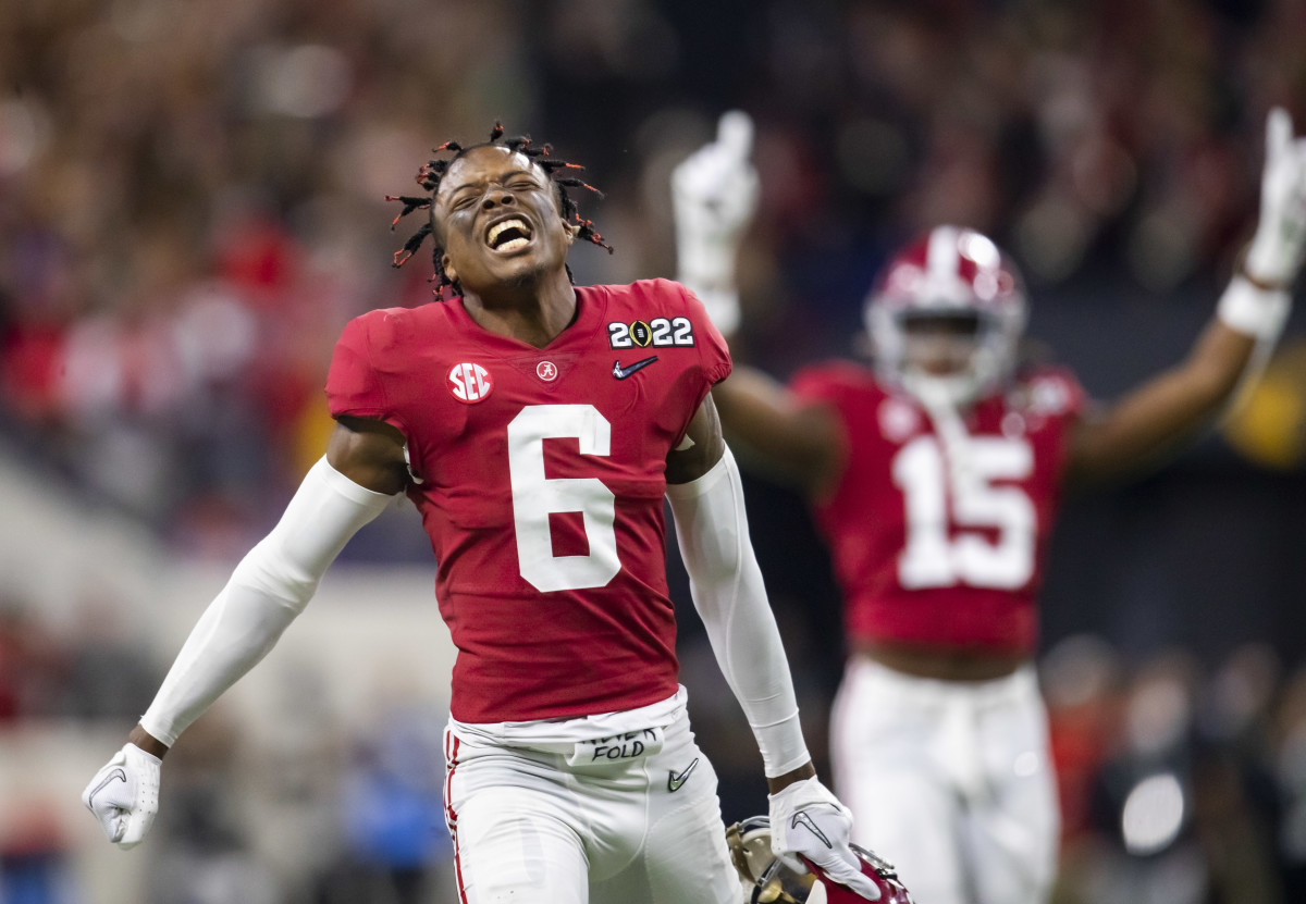 Alabama Crimson Tide defensive back Khyree Jackson (6) celebrates against the Georgia Bulldogs in the 2022 CFP college football national championship game at Lucas Oil Stadium.