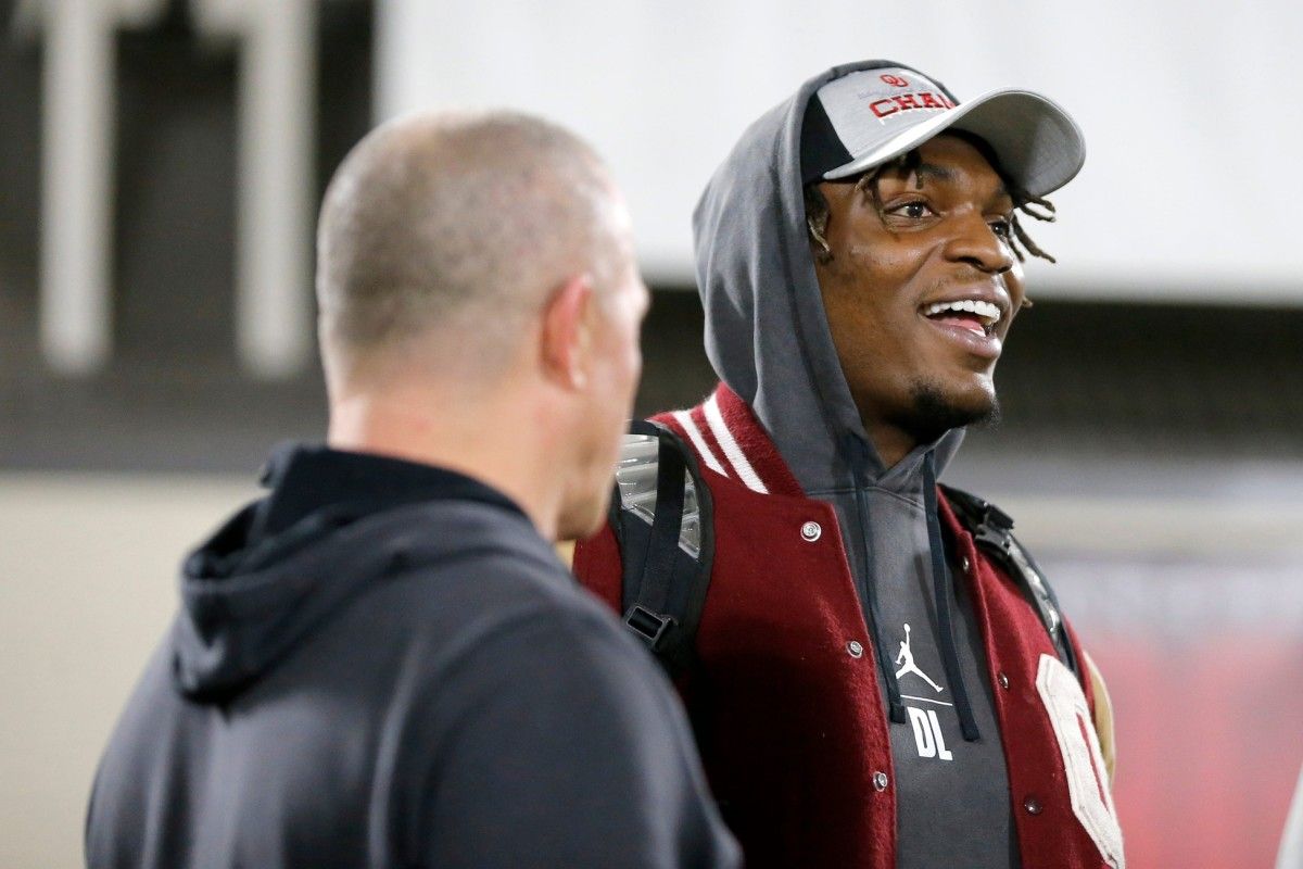 Perrion Winfrey watches during OU's Pro Day inside the Everest Training Center in Norman on Wednesday.
