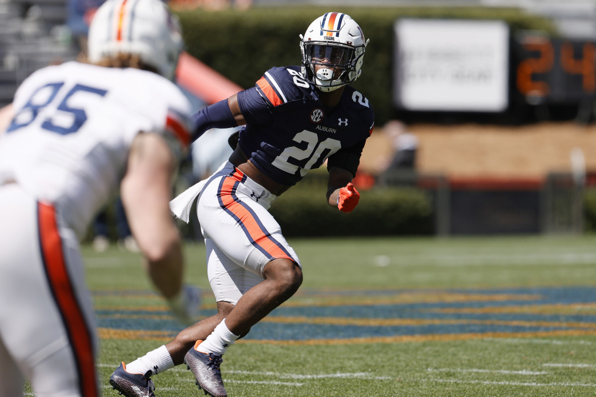 Apr 9, 2022; Auburn, AL, USA; Auburn Tigers safety Cayden Bridges (20) drops back to cover during the Spring game at Jordan-Hare Stadium. Mandatory Credit: John Reed-USA TODAY Sports