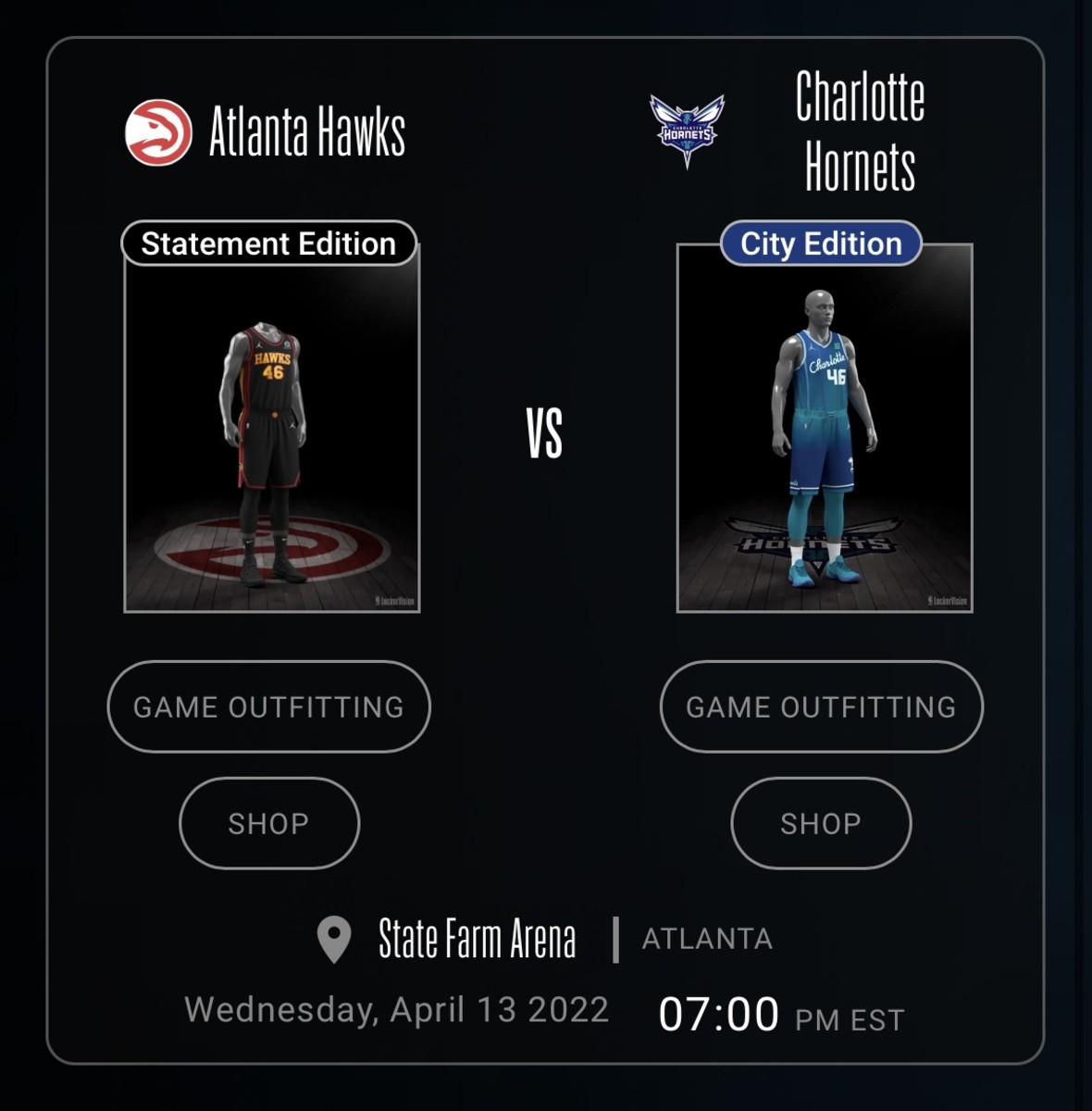Charlotte Hornets at Atlanta Hawks uniforms for April 13, 2022.
