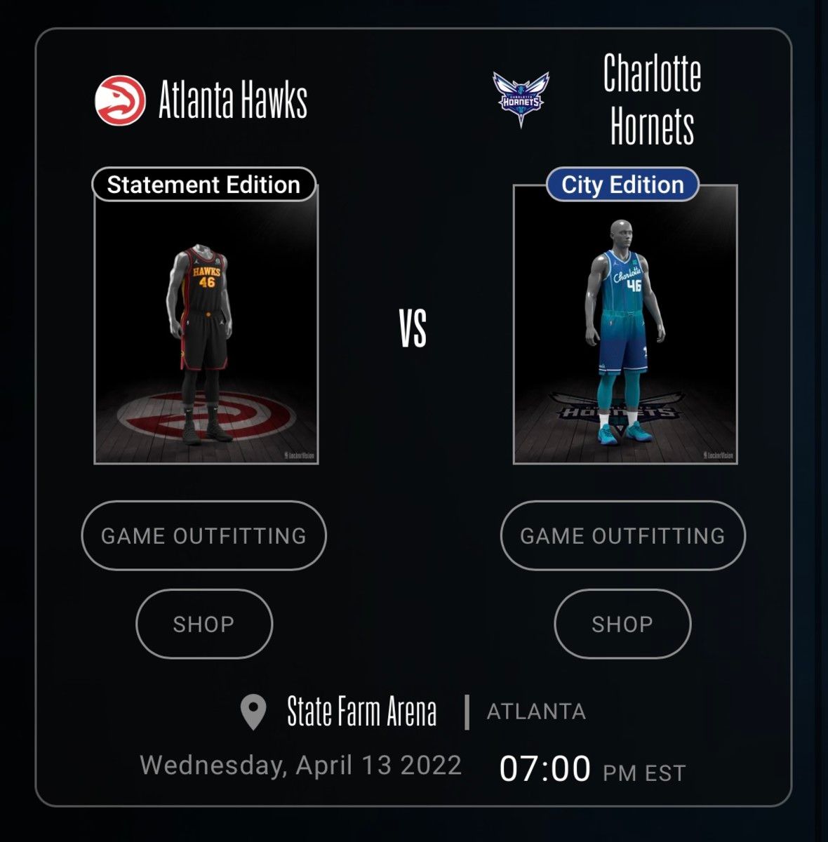 Charlotte Hornets at Atlanta Hawks uniforms for April 13, 2022.
