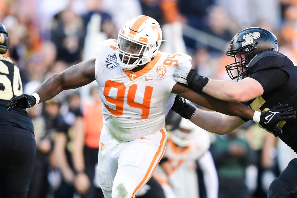 Tennessee defensive lineman Matthew Butler (94) defends at the 2021 Music City Bowl NCAA college football game at Nissan Stadium in Nashville, Tenn. on Thursday, Dec. 30, 2021.