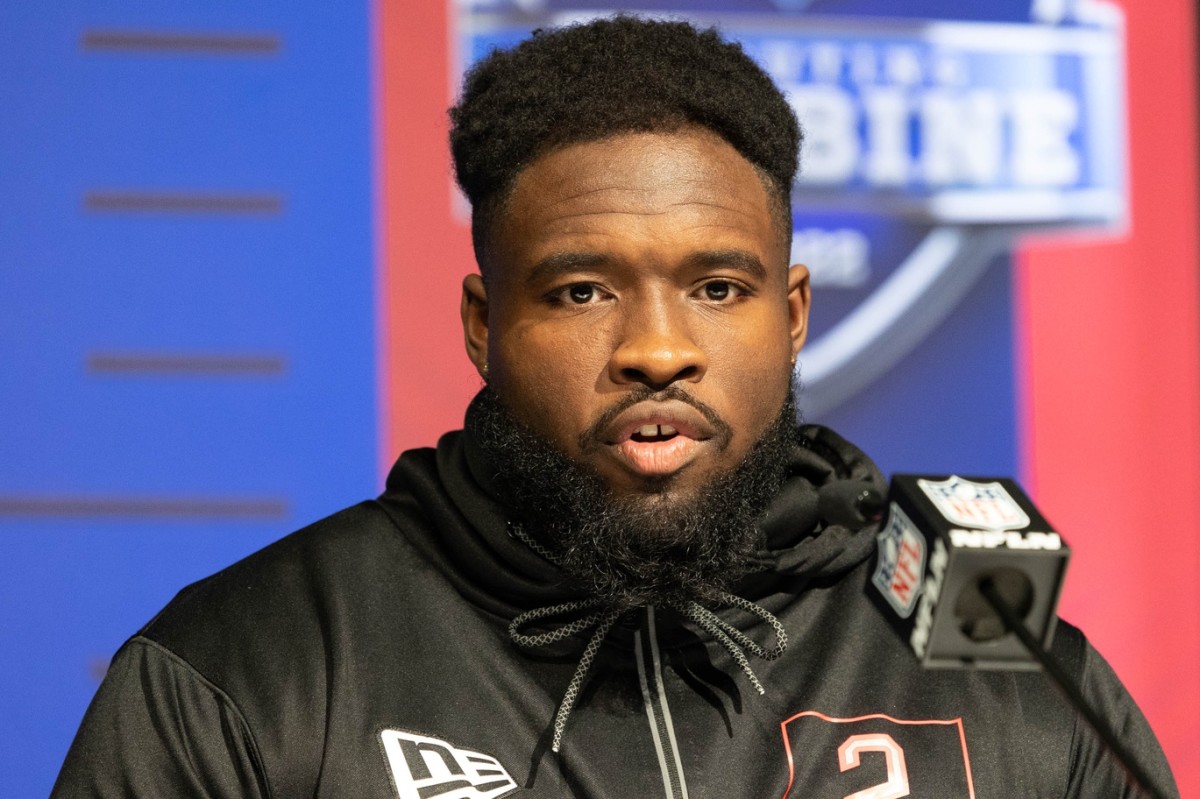 Mar 4, 2022; Indianapolis, IN, USA; Tennessee defensive lineman Matthew Butler (DL02) talks to the media during the 2022 NFL Combine.