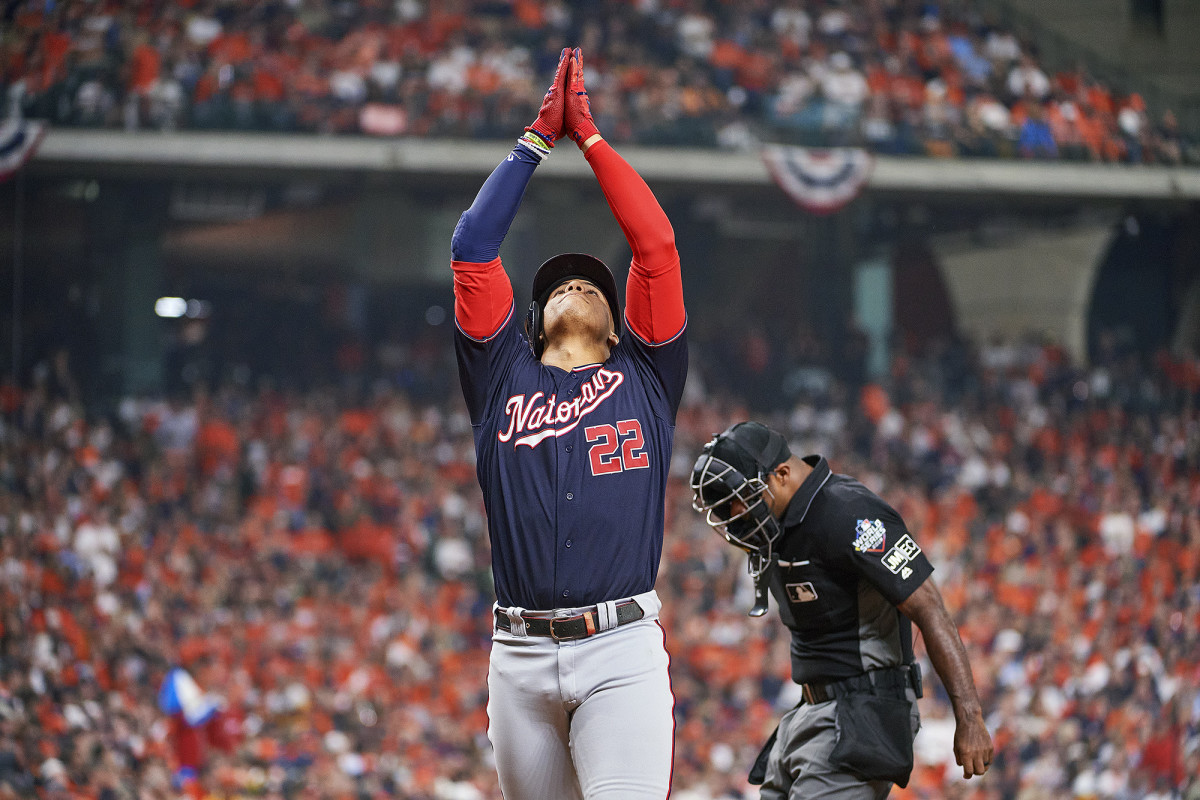 Juan Soto crosses home plate after hitting a solo home run off Gerrit Cole in Game 1 of the 2019 World Series.