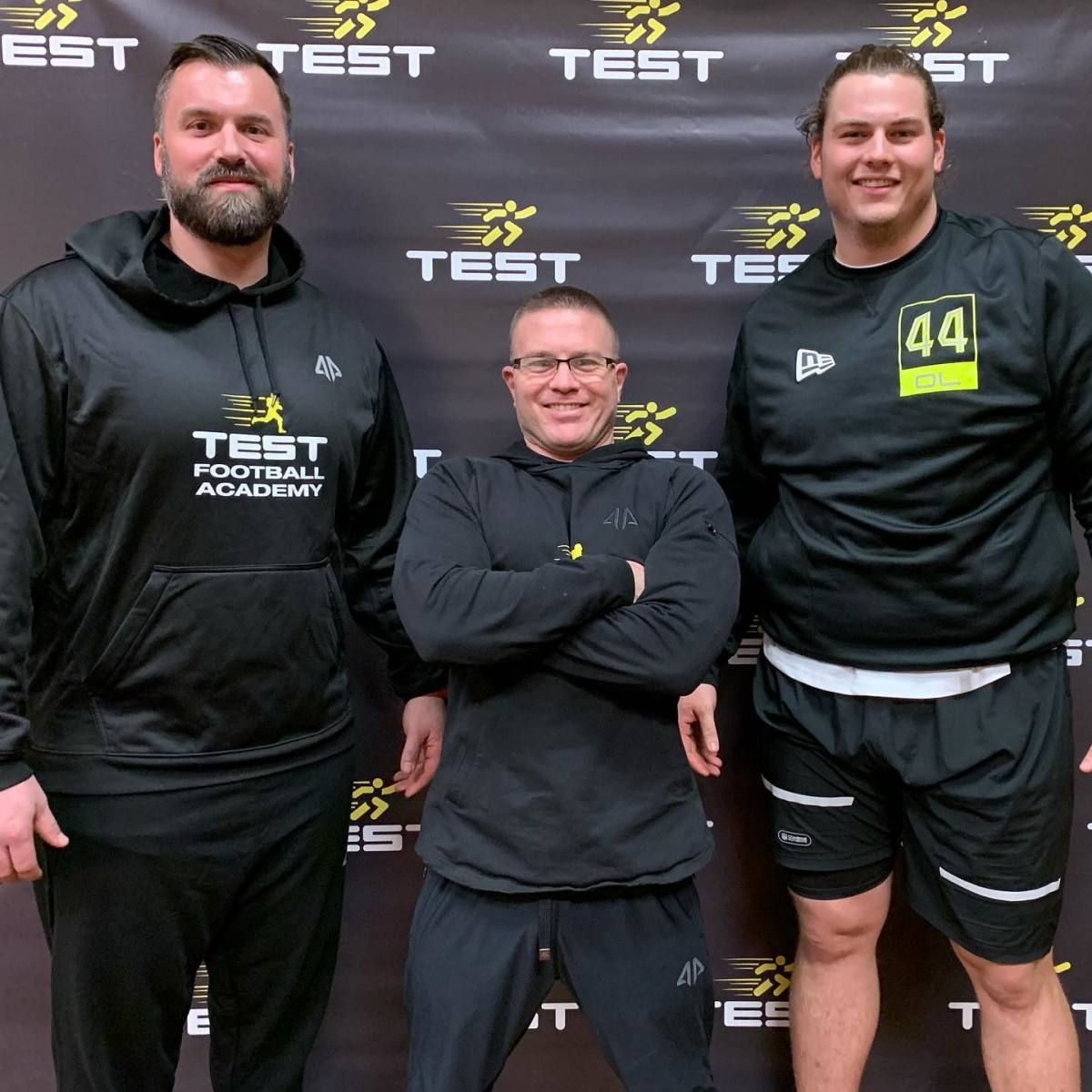 Geir Gudmundsen (left, former NFL player and TEST Football Academy's Director of Operations), Kevin Dunn (center), and former Kentucky offensive lineman Logan Stenberg at the 2020 NFL Combine. Stenberg was a fourth-round pick of the Lions in the 2020 NFL Draft.