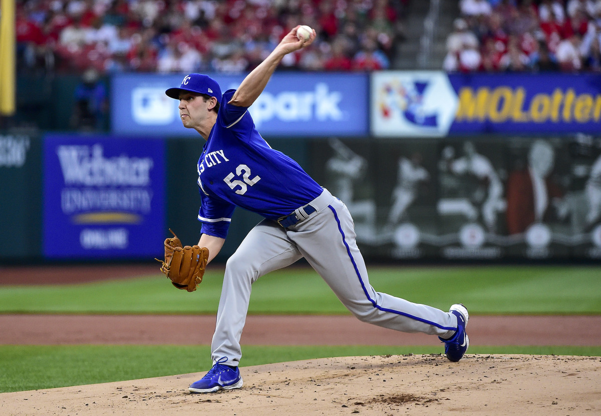 Apr 12, 2022; St. Louis, Missouri, USA; Kansas City Royals starting pitcher Daniel Lynch (52) pitches against the St. Louis Cardinals during the first inning at Busch Stadium. Mandatory Credit: Jeff Curry-USA TODAY Sports