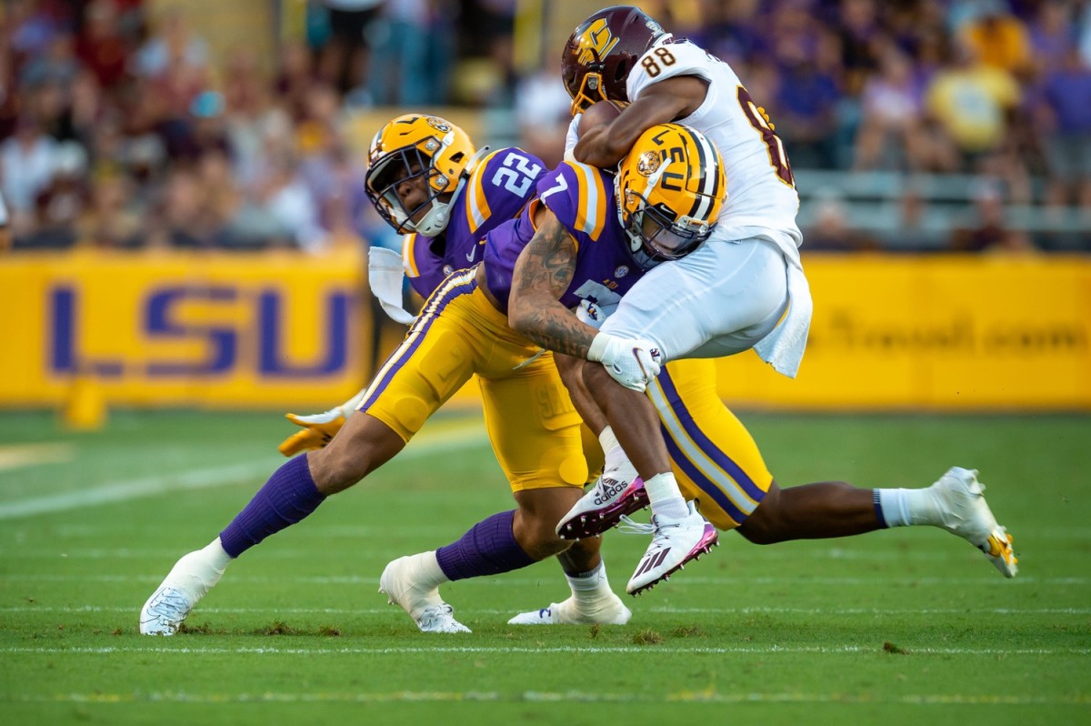 Derek Stingley Jr makes a tackle as The LSU Tigers take on Central Michigan Chippewas in Tiger Stadium. Saturday, Sept. 18, 2021.