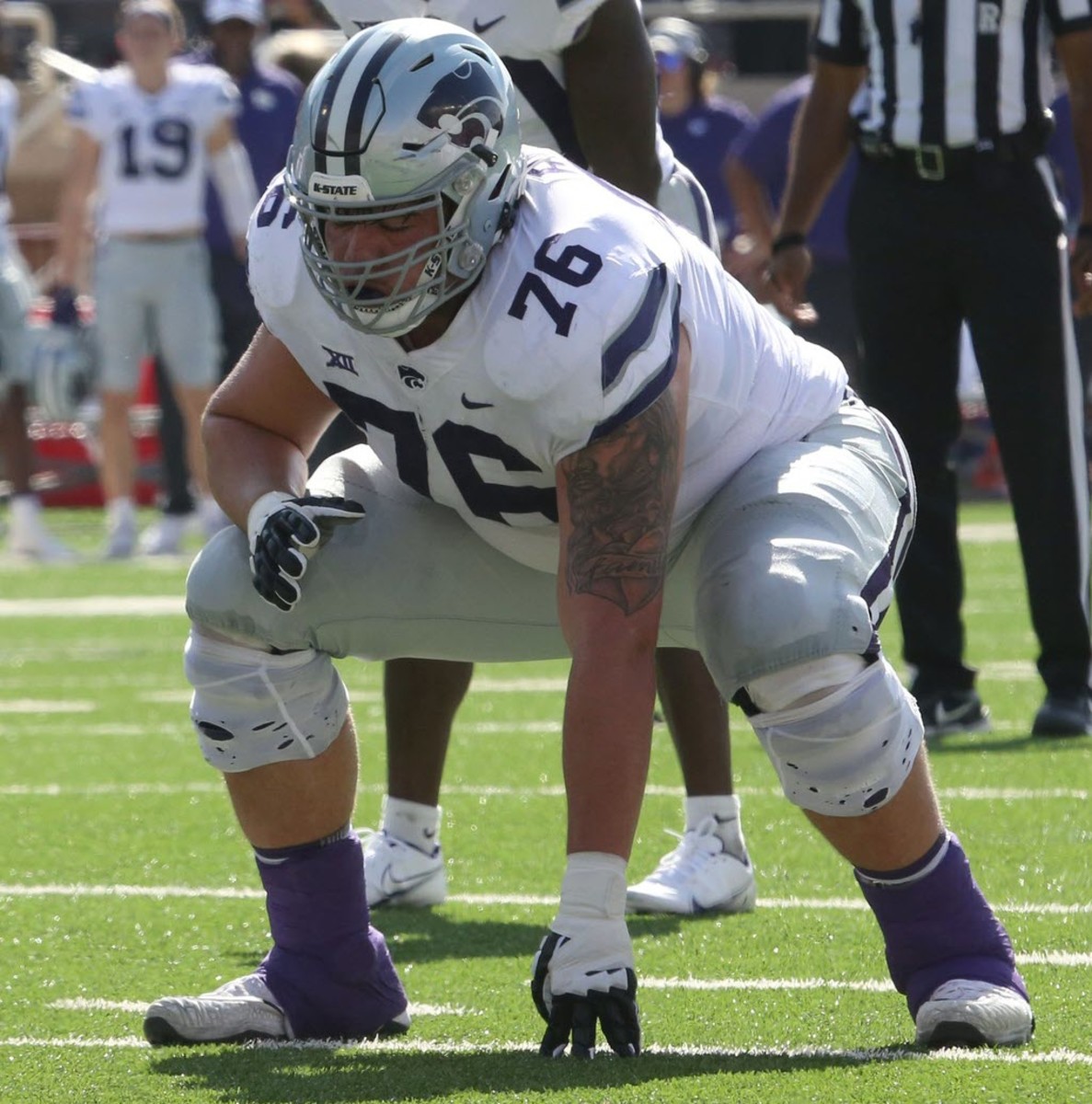 Oct 23, 2021; Lubbock, Texas, USA; Kansas State Wildcats offensive guard Josh Rivas (76) prepares to block against the Texas Tech Red Raiders in the first half at Jones AT&T Stadium.