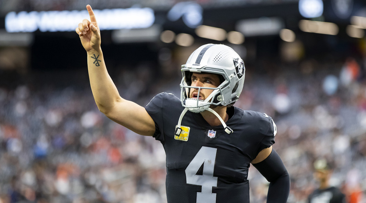 Raiders quarterback Derek Carr reacts prior to the game against the Cincinnati Bengals at Allegiant Stadium.