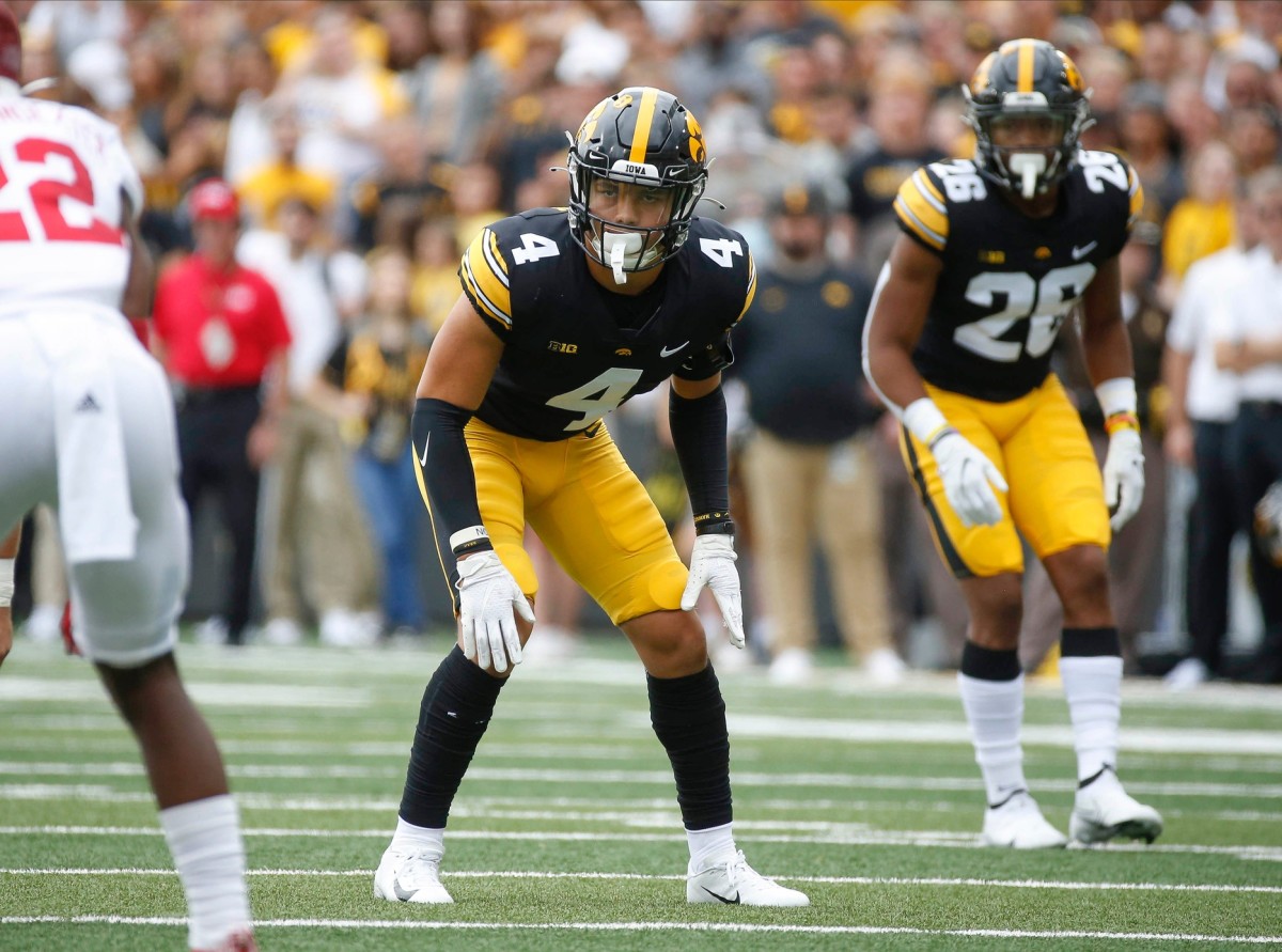 Iowa junior defensive back Dane Belton waits for the snap in the first quarter against Indiana at Kinnick Stadium in Iowa City on Saturday, Sept. 4, 2021. 20210904 Iowavsindiana