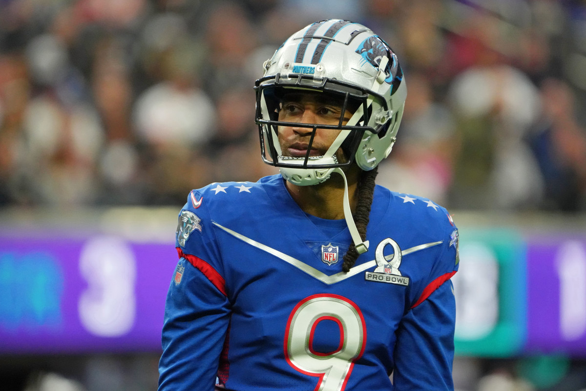 Feb 6, 2022; Paradise, Nevada, USA; NFC cornerback Stephon Gilmore of the Carolina Panthers (9) looks on against the AFC during the third quarter during the Pro Bowl football game at Allegiant Stadium.